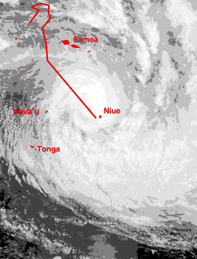 Satellite image of cyclone Heta and its track superimposed