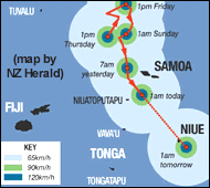Track of cyclone Heta towards Niue