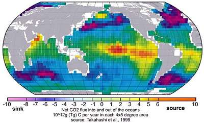 net CO2 flux in and out of the ocean