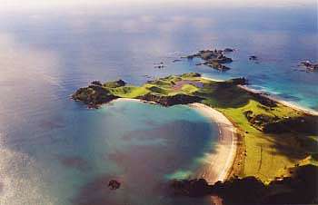 aerial view of Mimiwhangata peninsula and islands