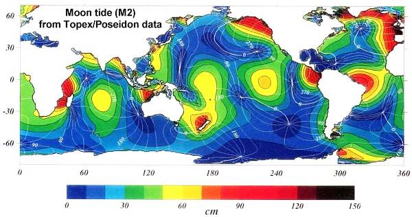 Tide levels and phases from TOPEX/Poseidon satellite